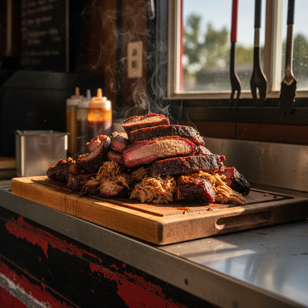 A large pile of sliced and shredded beef brisket on a wooden cutting board sitting on a metal countertop in front of a win...