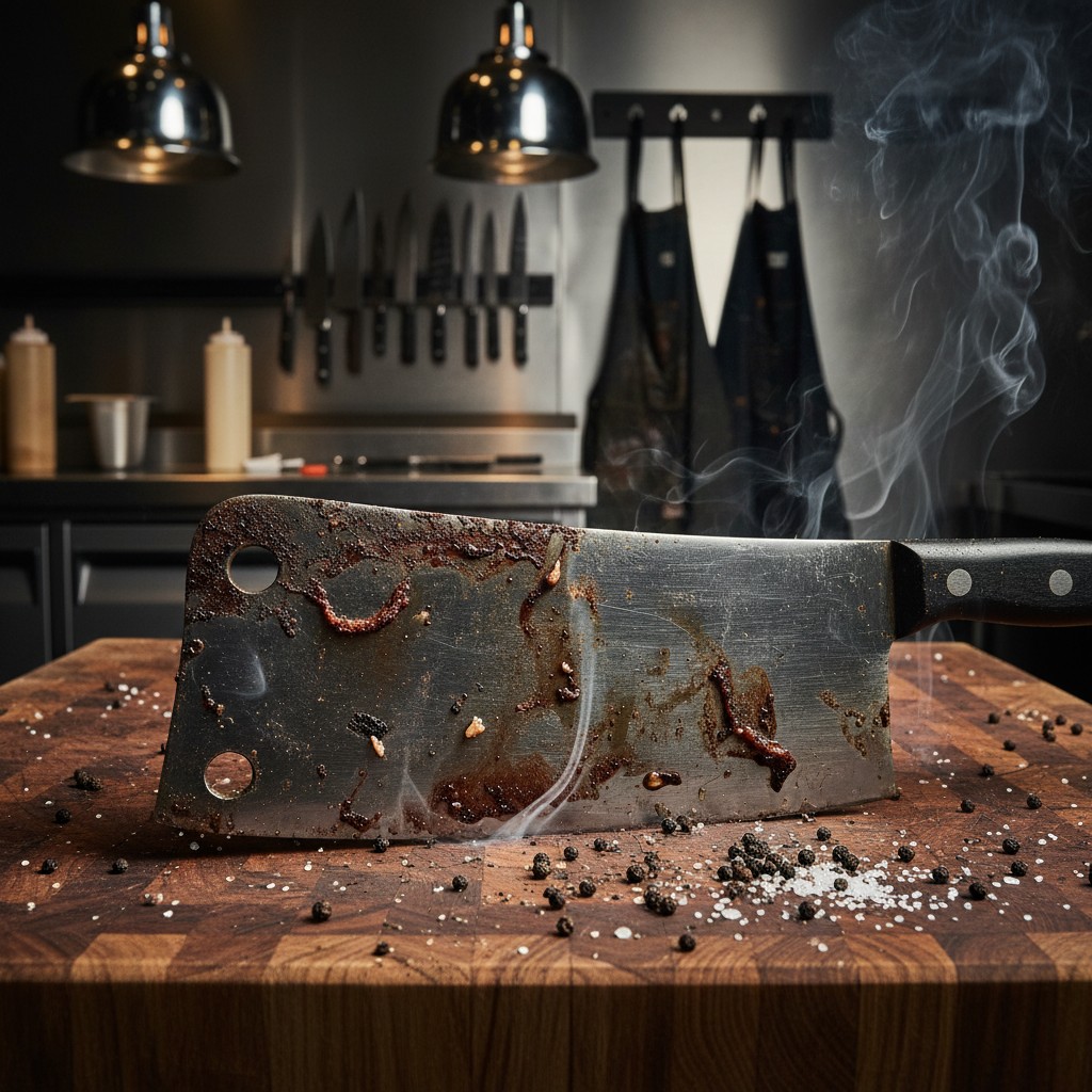 A large butcher's knife is dirty and covered in food residue on top of a wooden cutting board, with the top portion croppe...