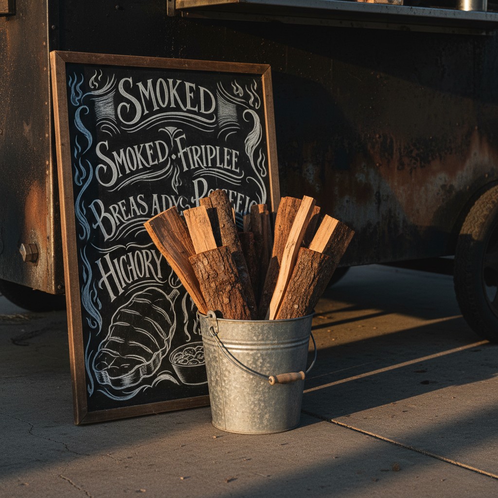 A bucket of firewood next to a chalkboard sign advertising smoked foods.