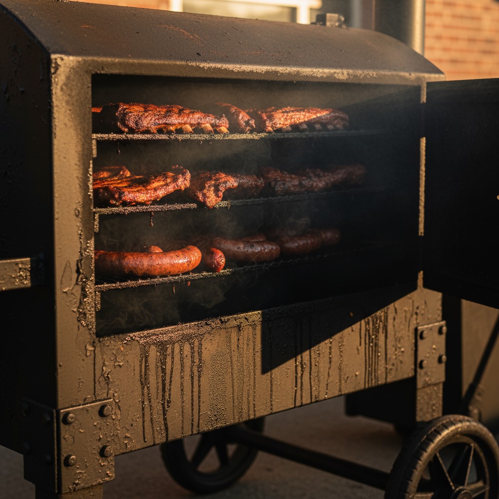 A metal barbecue smoker or grill with meats cooking on multiple racks. image of smoked meats