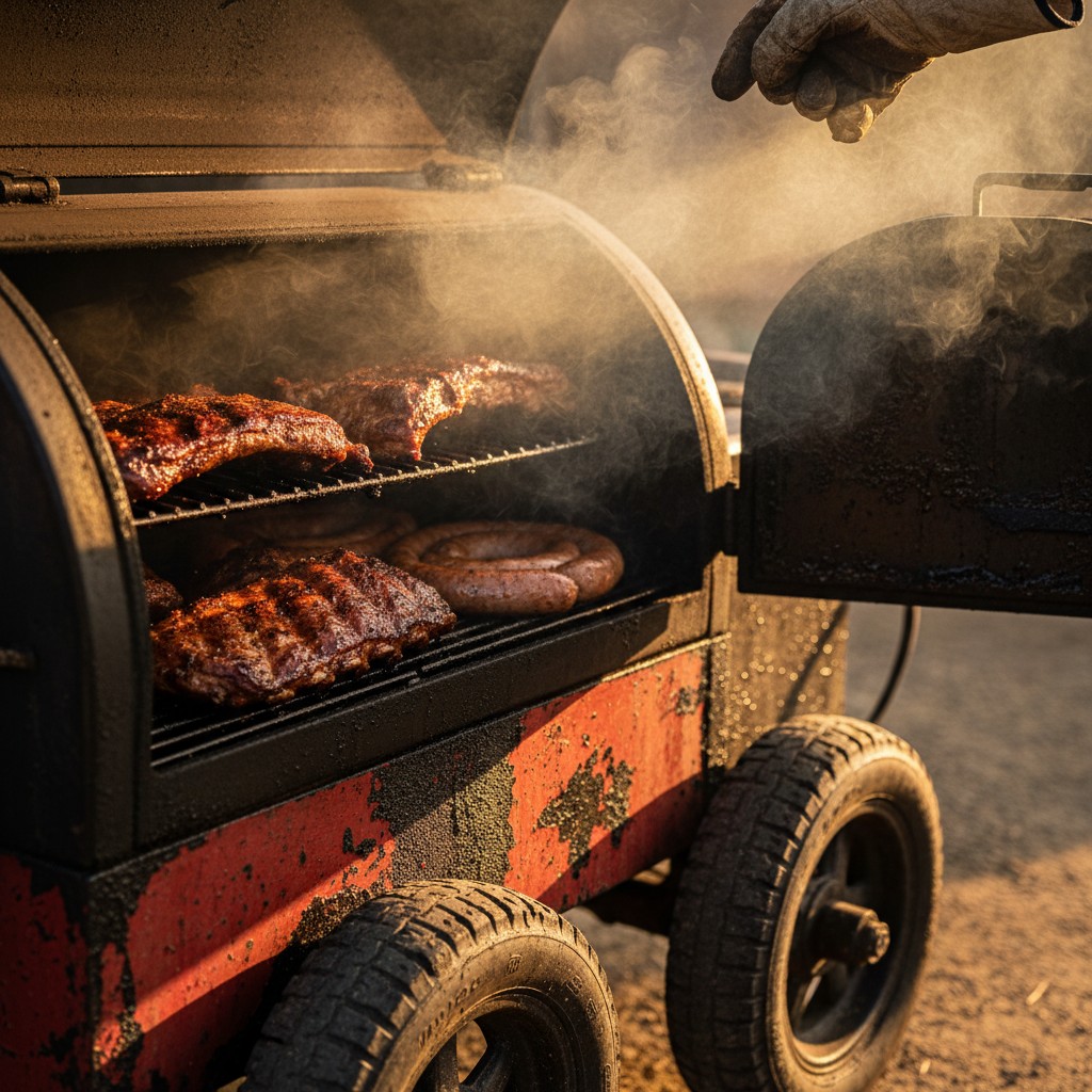 barbecue grill with meat cooking in open smoke chamber.